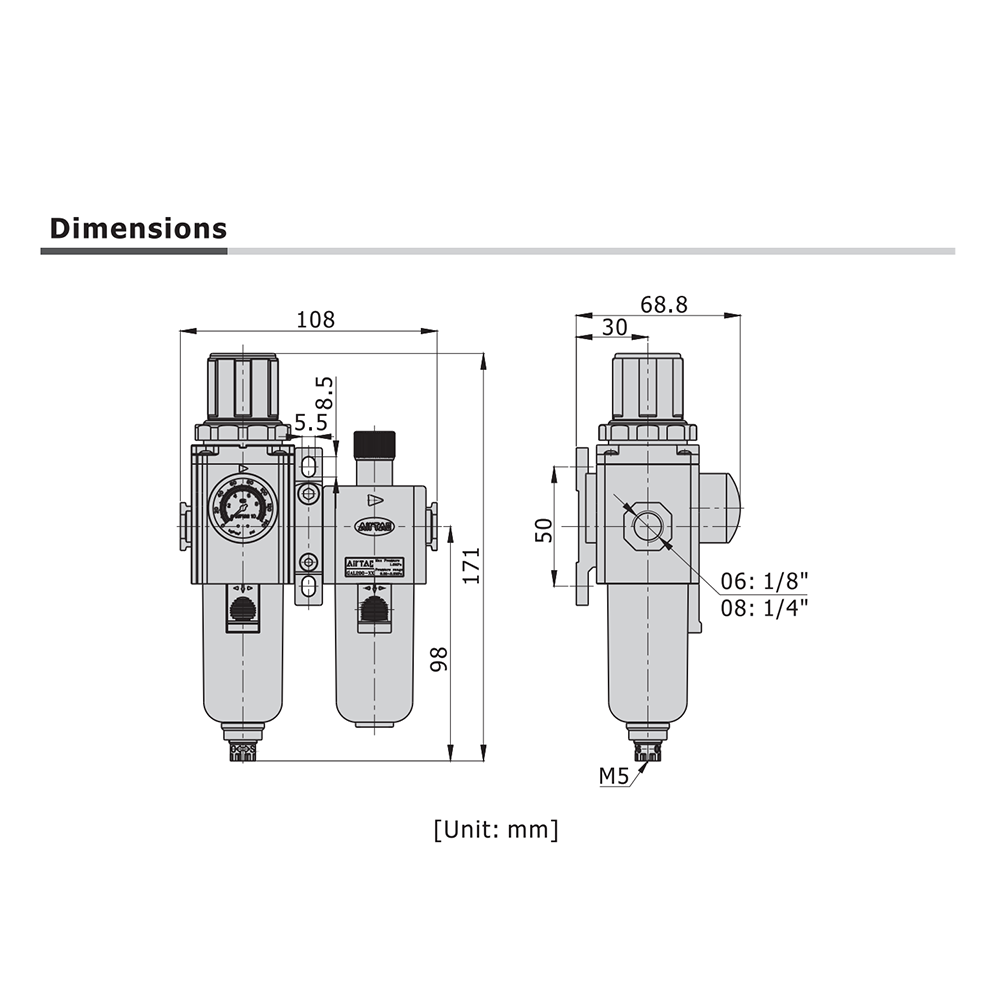 GTFC20008LNWTK AIRTAC SMALL FRL ASSEMBLY GTFC200 SERIES 1/4" NPT 20-58 PSI PART FILT, REG, LUB 5 MIC NO GA INT CHK